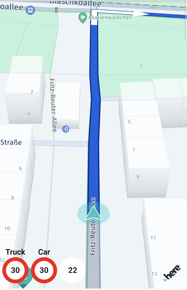 Screenshot: The TruckGuidance example app showing truck and car speed limit indicators.