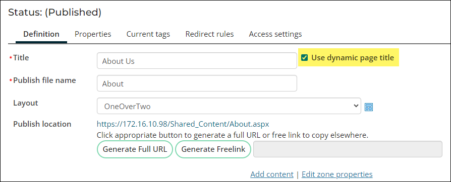 Enabling Use dynamic page title