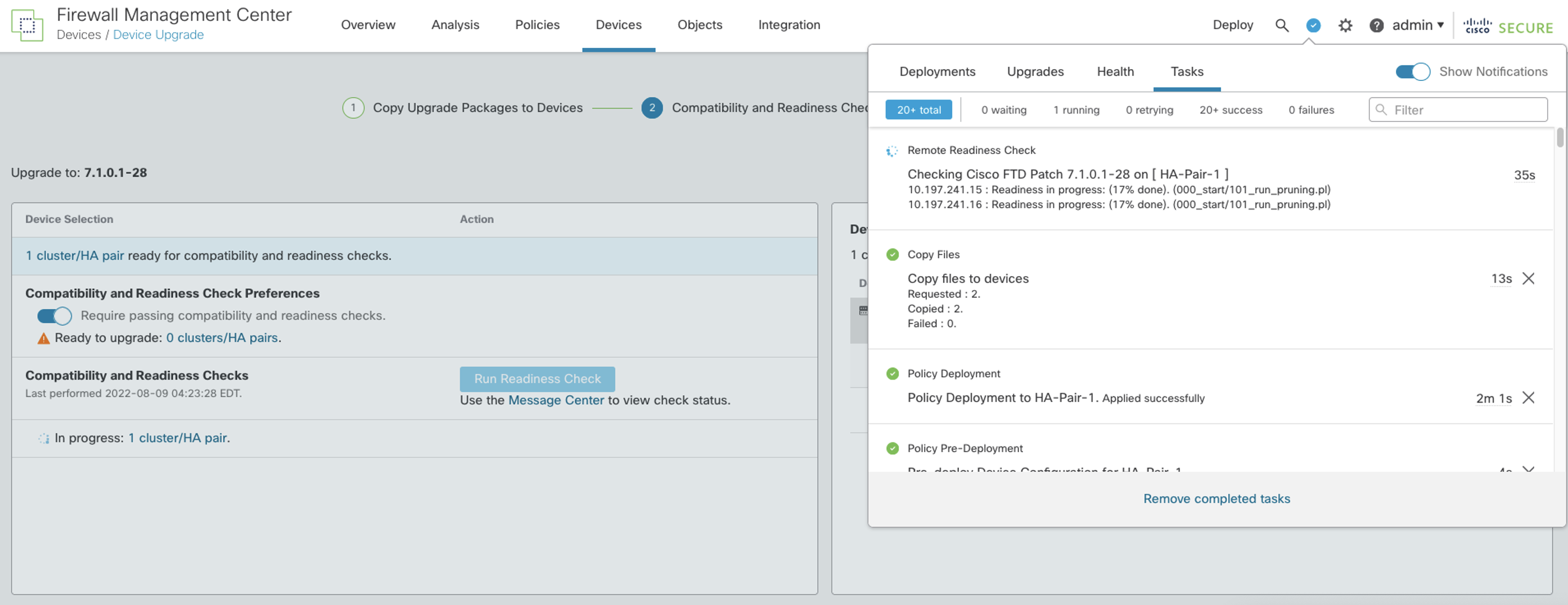 Figure 7: Monitoring Readiness Check via tasks