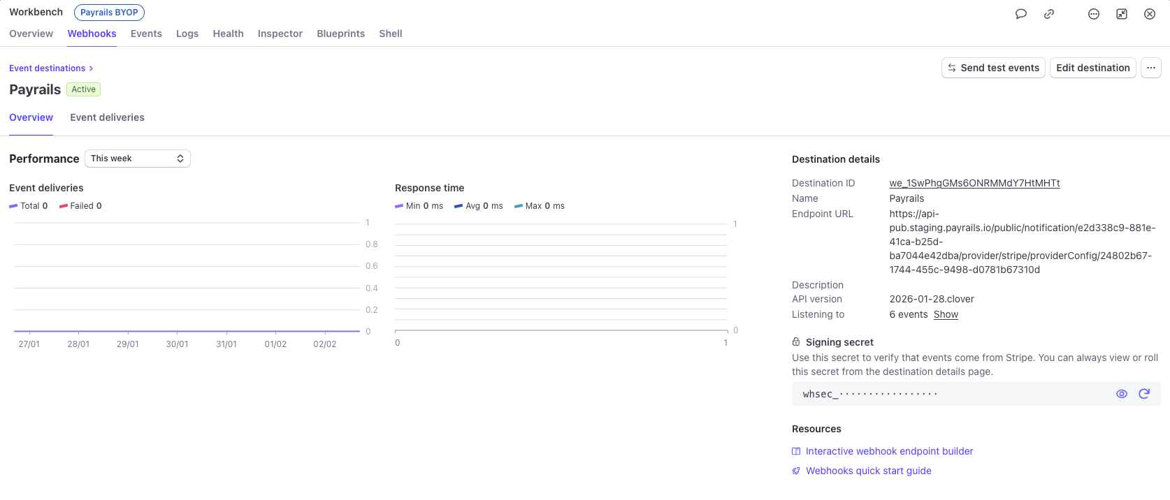 A screenshot showing the Stripe signing secret.