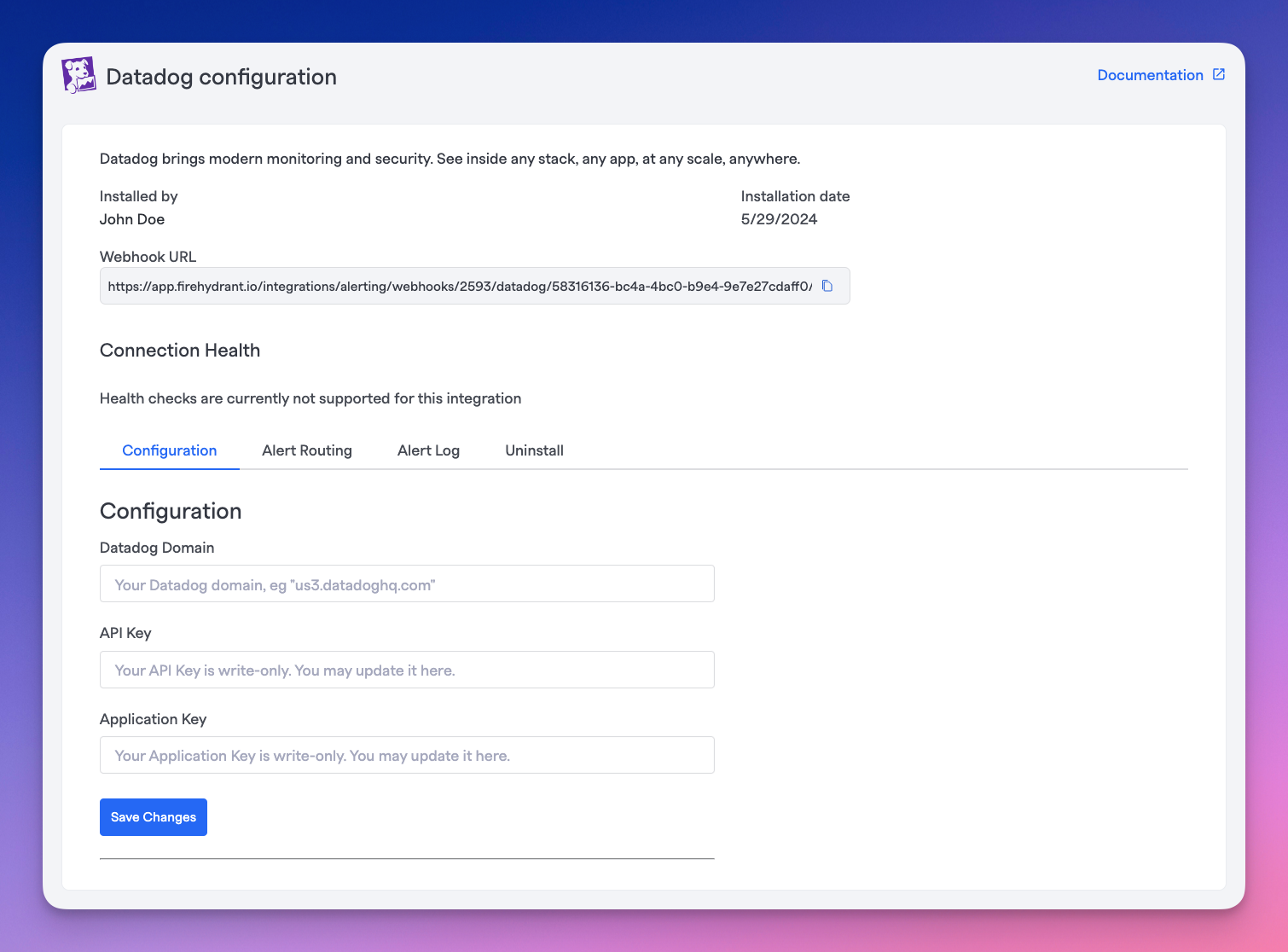 Datadog configuration page in FireHydrant