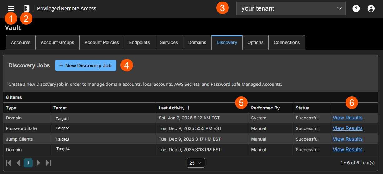 Screenshot of the Privileged Remote Access interface showing the Vault section with navigation options including Accounts, Account Groups, Account Policies, Endpoints, Services, Domains, Discovery, and Options. The Discovery Jobs tab is active, displaying a button to create a new discovery job and a table listing one job for Jump Clients.
