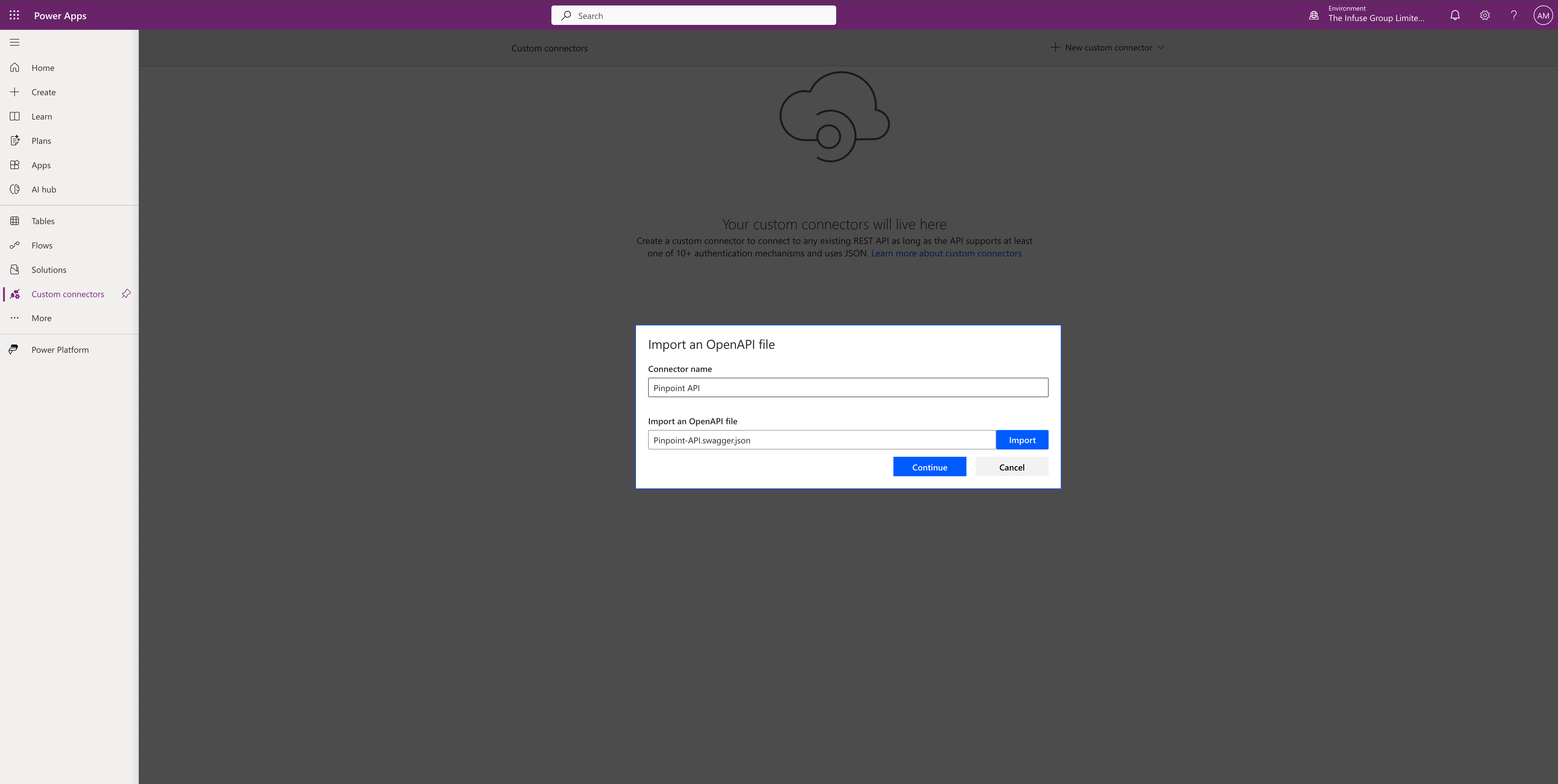 Step 4 – Import OpenAPI file dialog with Pinpoint API name and file selected