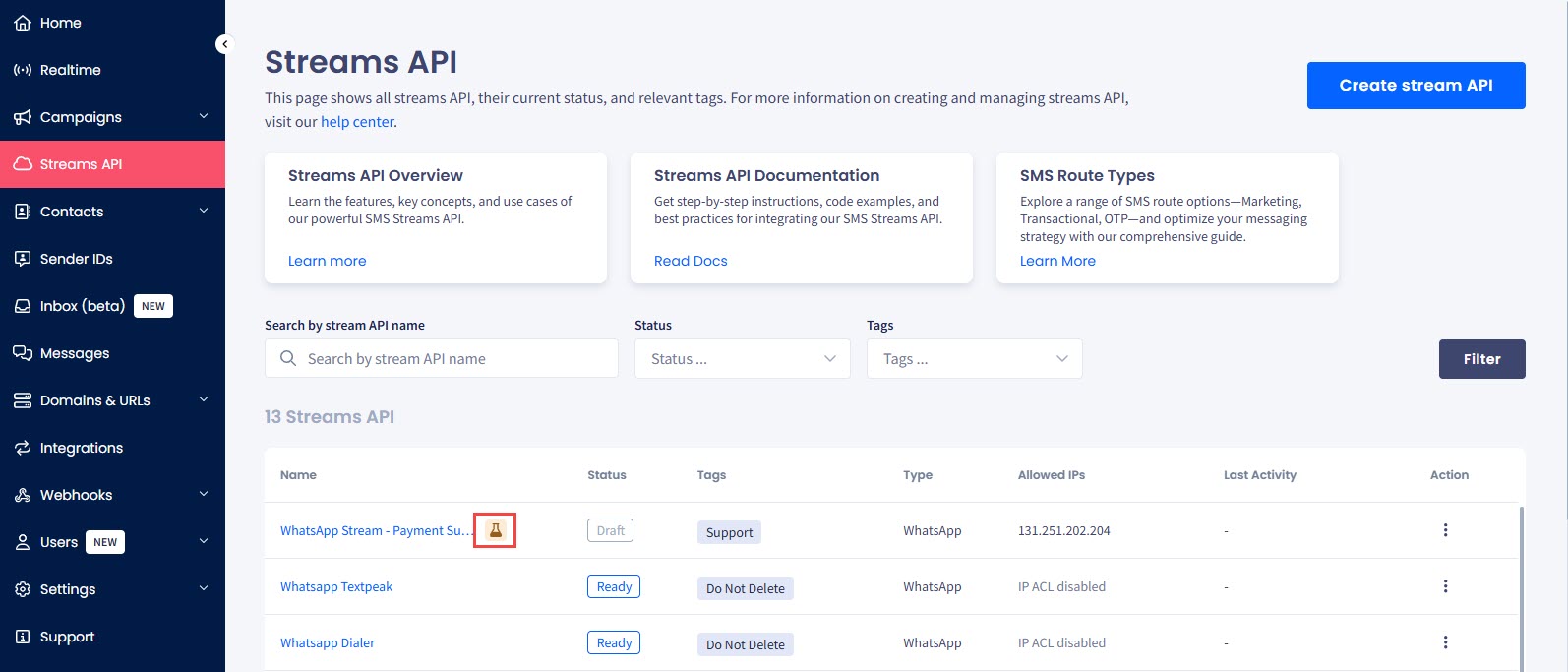 Screenshot of the Streams API table