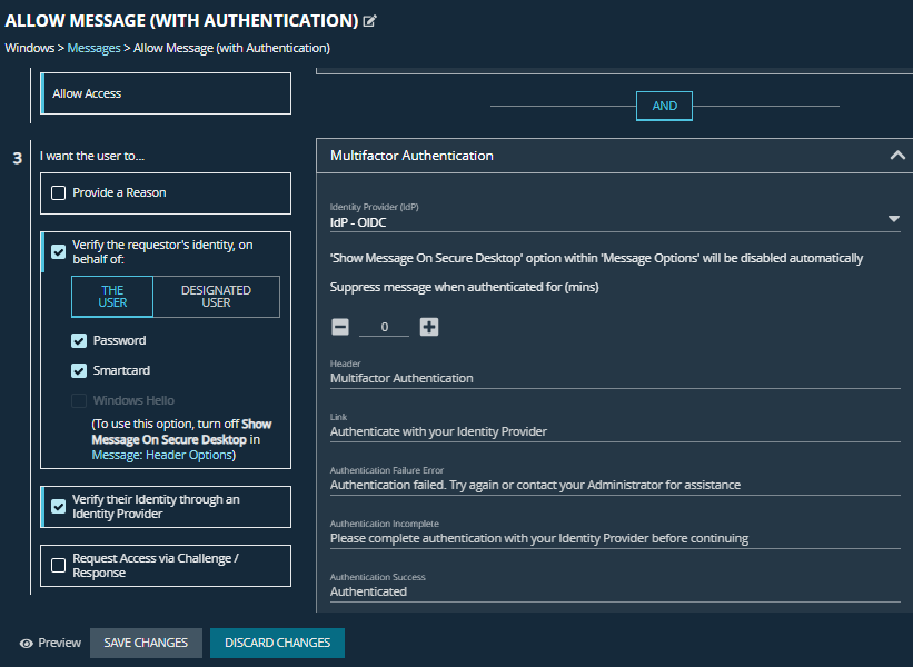 Multifactor authentication settings in messages