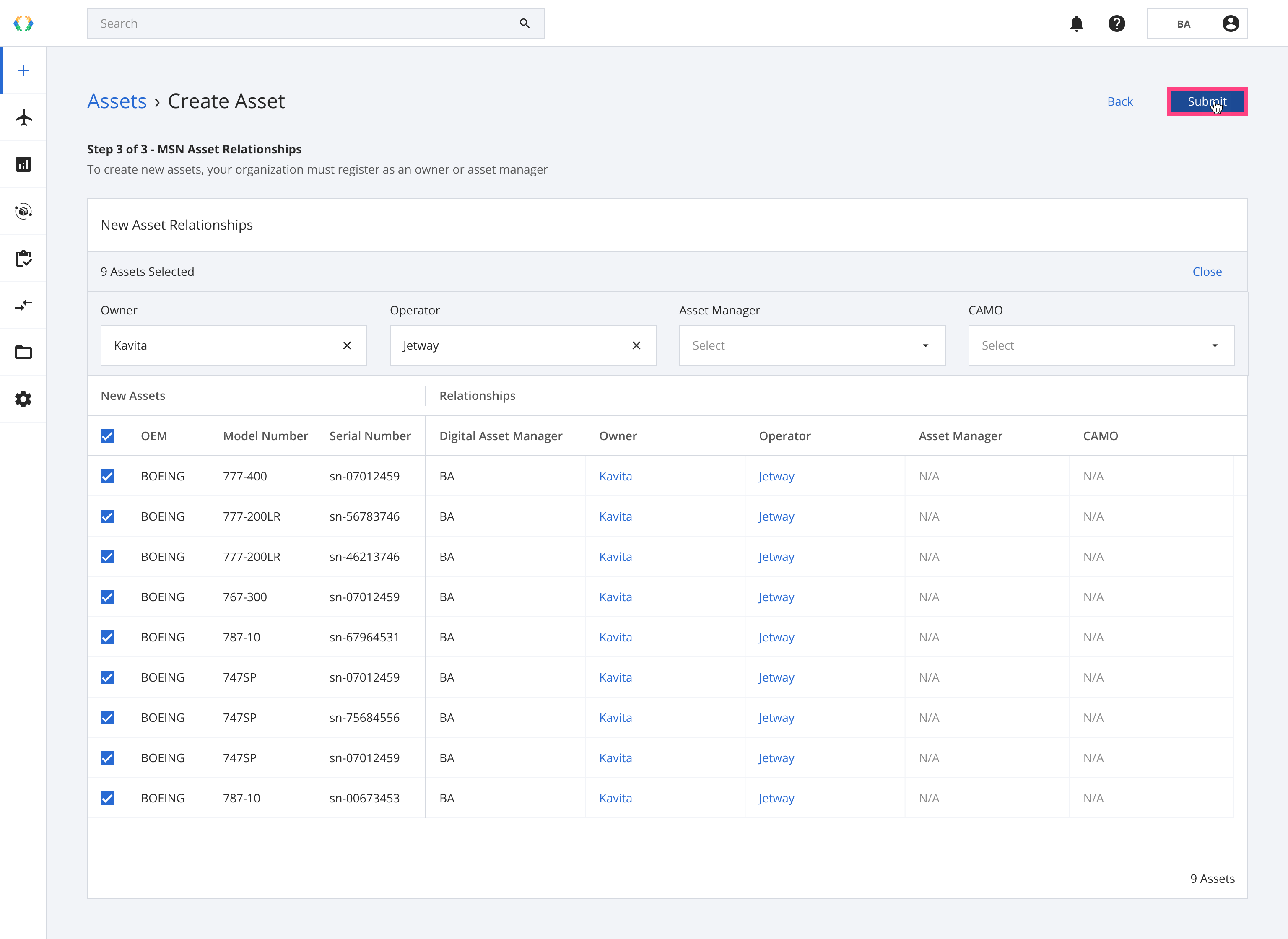 Submit asset relationship