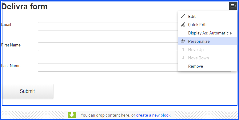 Screenshot of the Large content area dialog where selecting Personalize from the form context menu