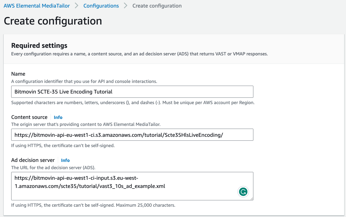 AWS MediaTailor - Example configuration