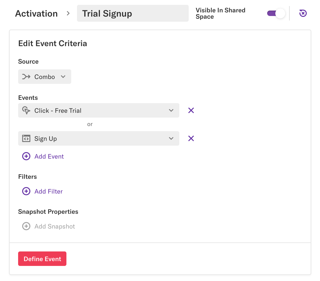 The 'Edit Event Criteria' page for a new 'Trial Signup' event 