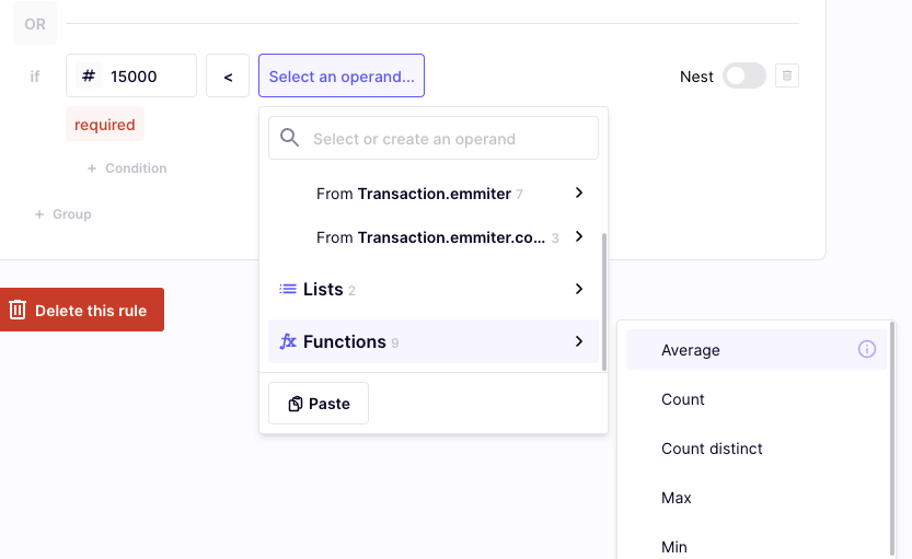 Select the average function in operand picker