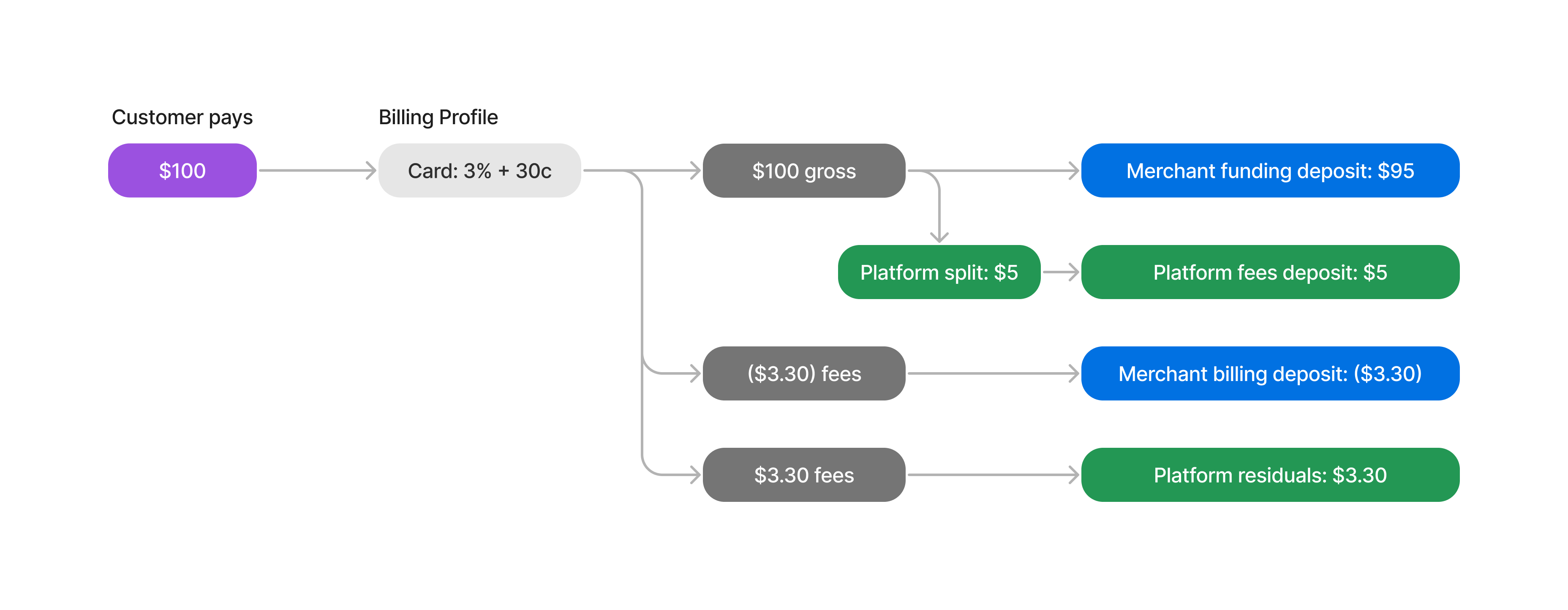 The $5 platform fee is netted out of the merchant's daily funding deposit and the merchant only receives $95.