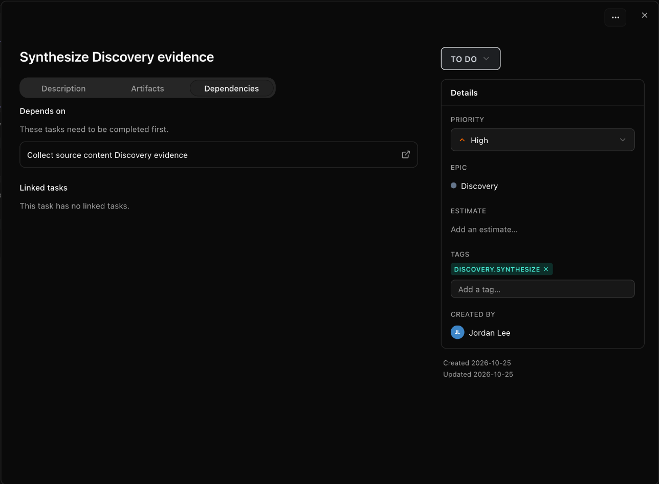 A task's Dependencies tab, listing the task it depends on