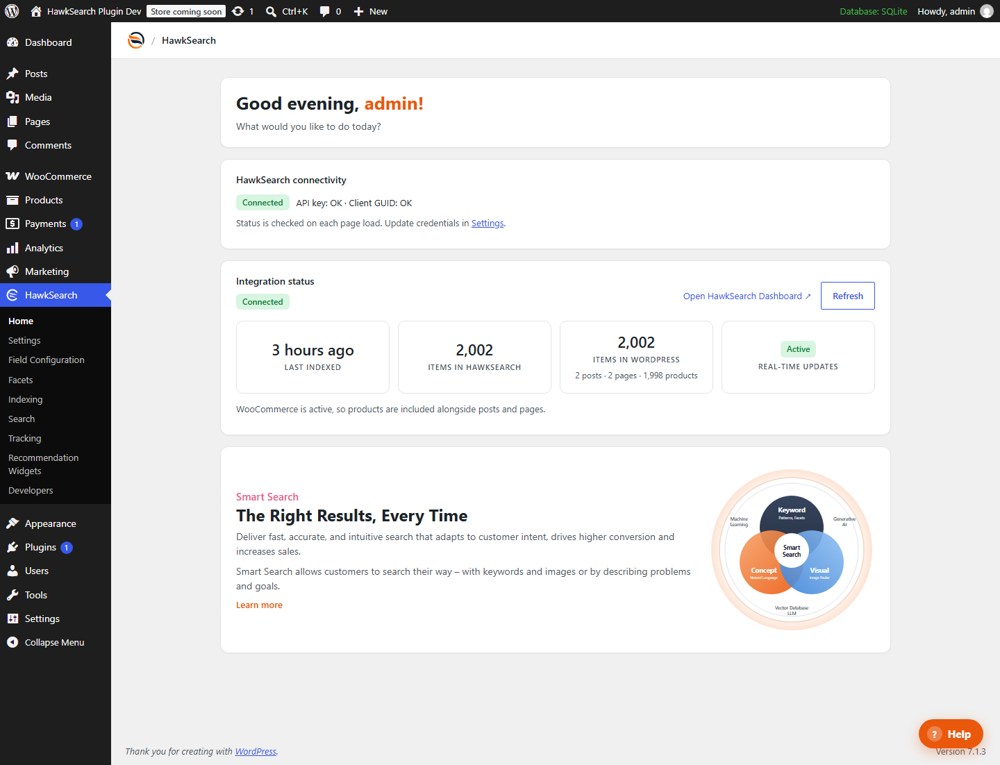 The HawkSearch menu in the WordPress admin