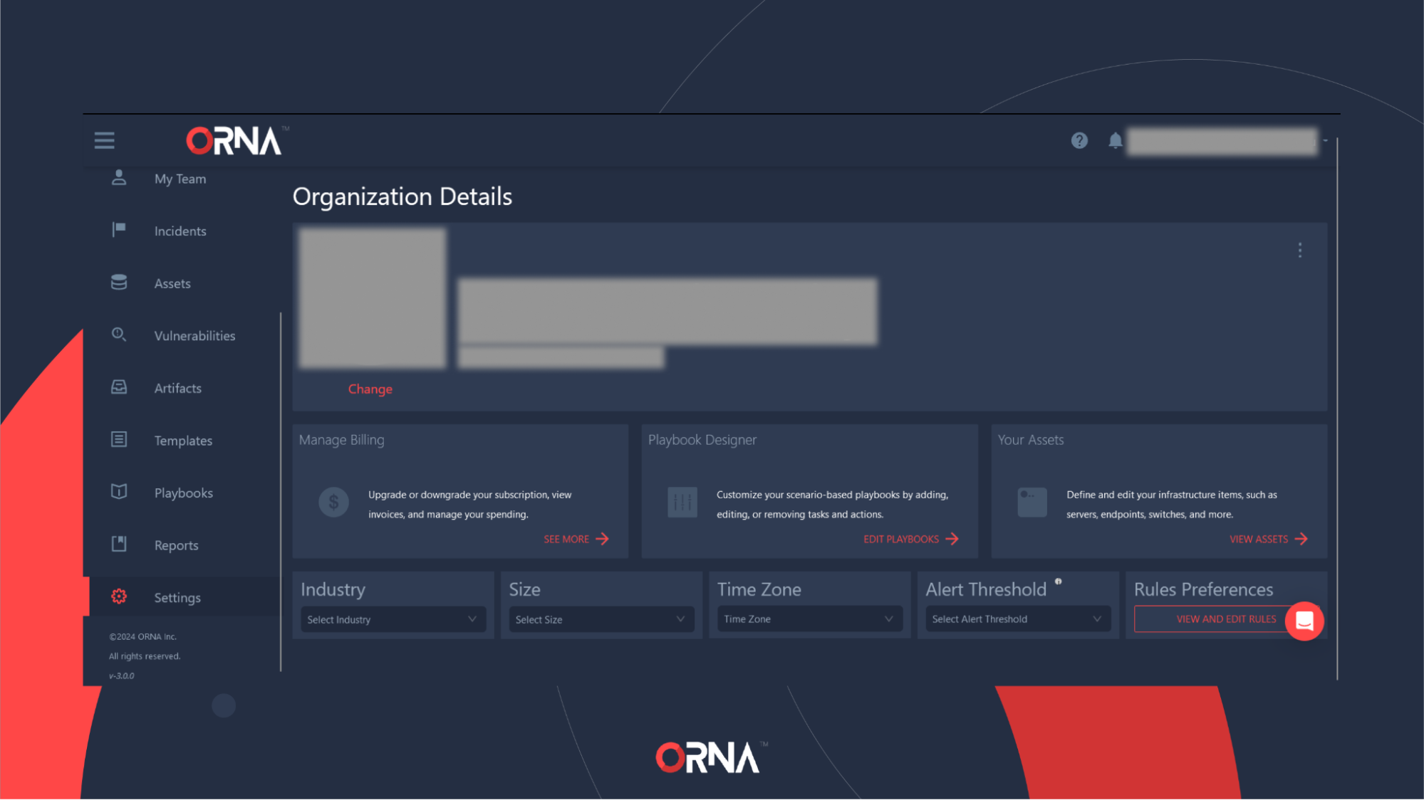 Organization management (Settings) view