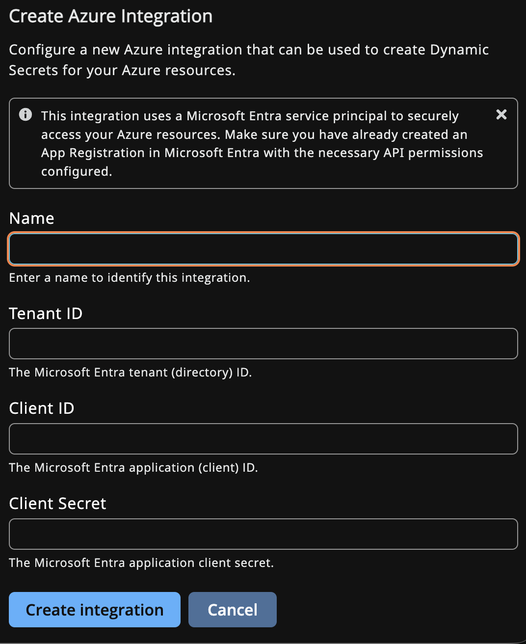 Create Azure Integration form with Name, Tenant ID, Client ID, and Client Secret fields.