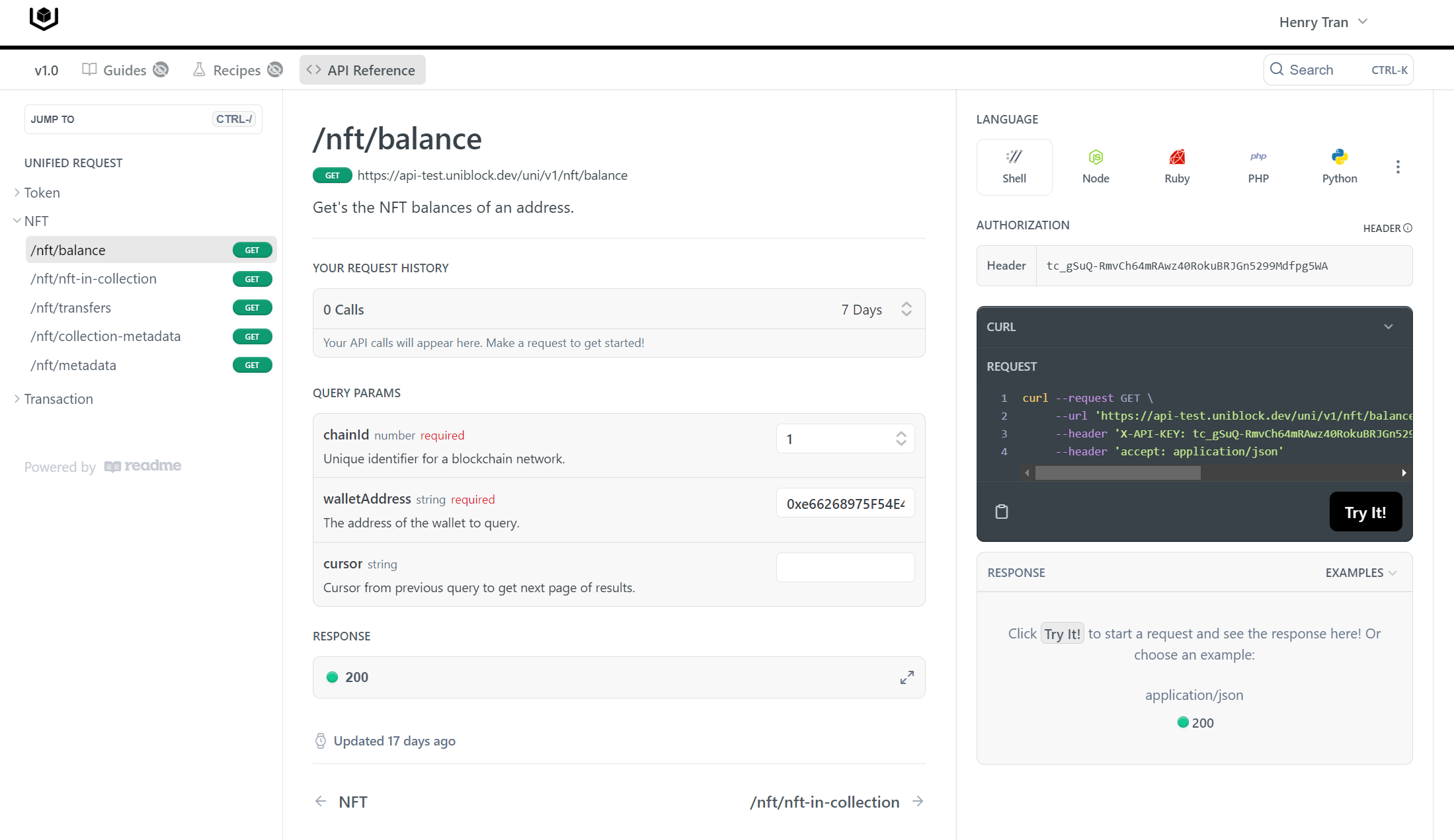 Example /nft/balance request w/ API-KEY