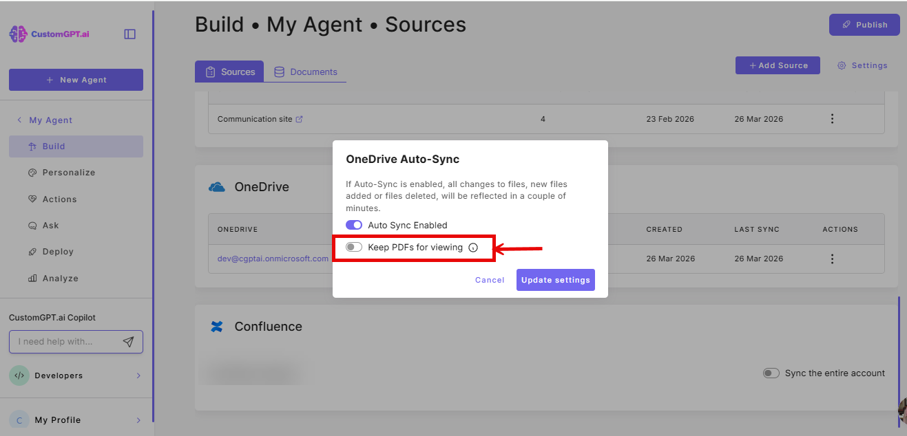 Keep PDFs for viewing toggle on One drive auto-sync modal
