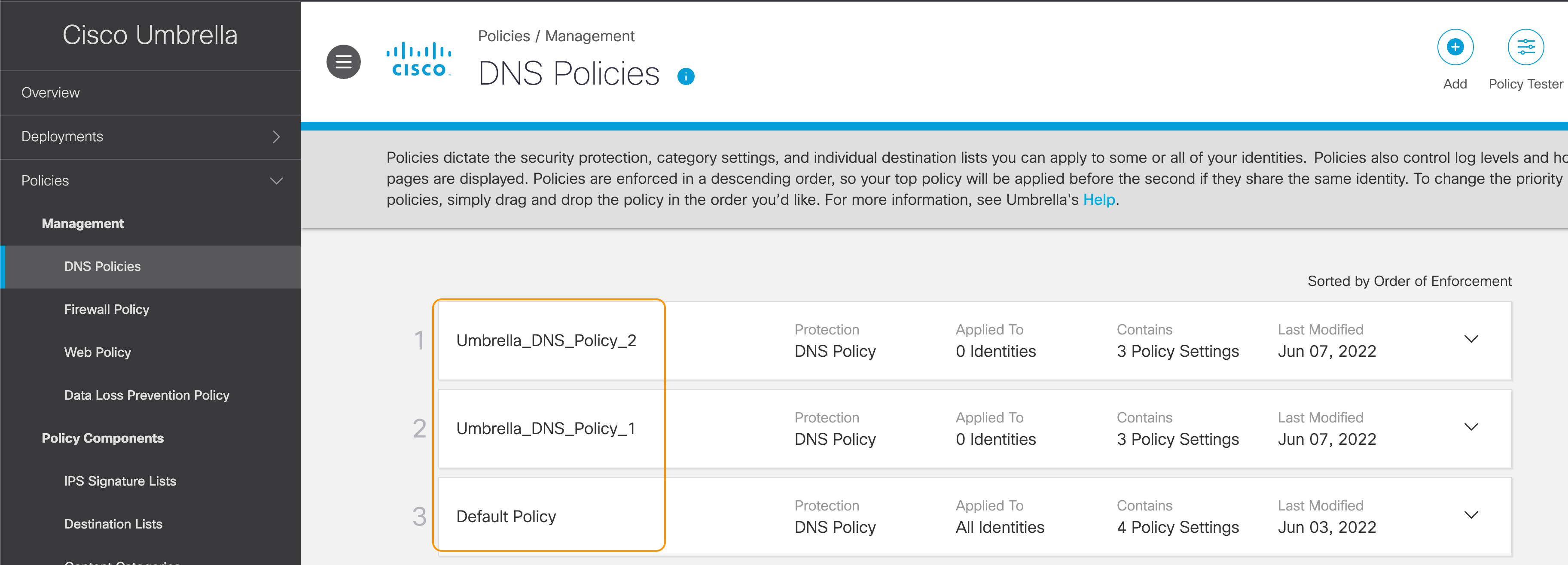 Matching list of DNS Policies in Umbrella Dashboard