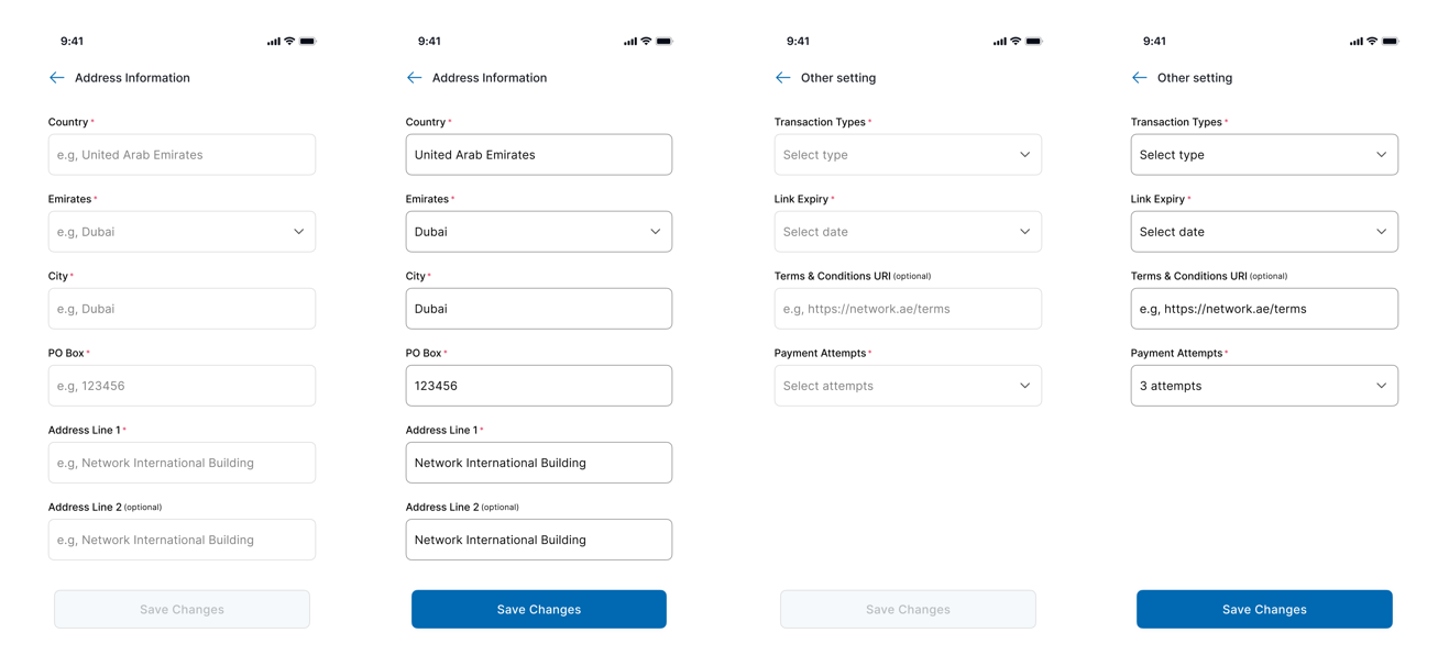 Tap to pay address configuration screen.