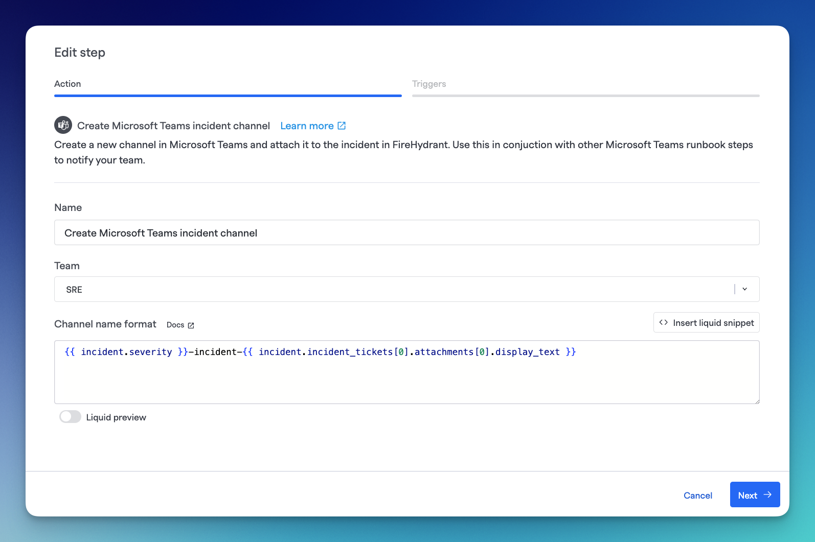 "Create Microsoft Teams incident channel" step