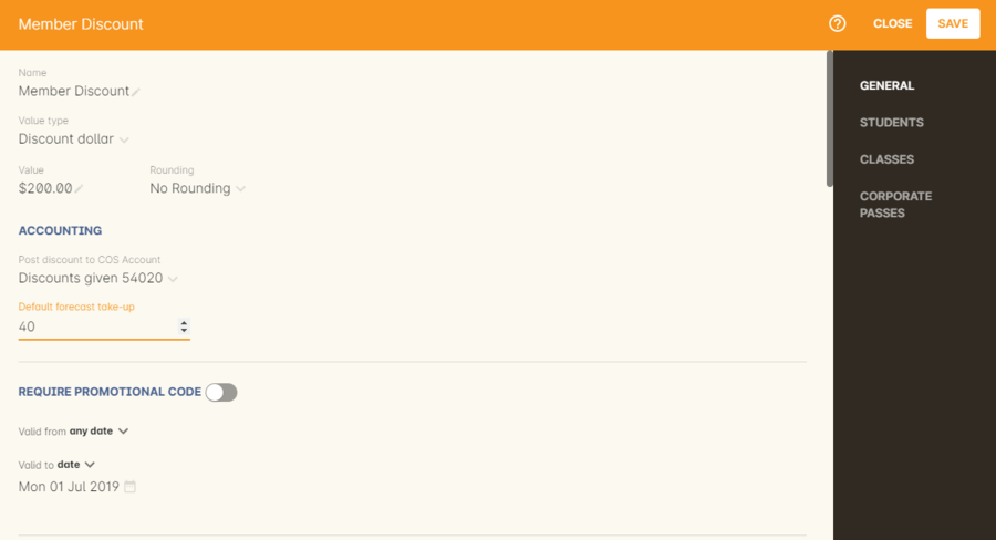 When setting the values of a given discount,you can enter a default forecast take up amount