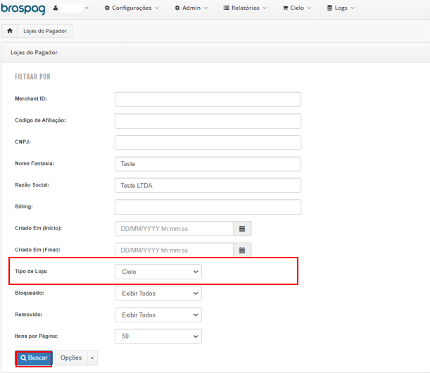 Tela para informar o tipo de loja