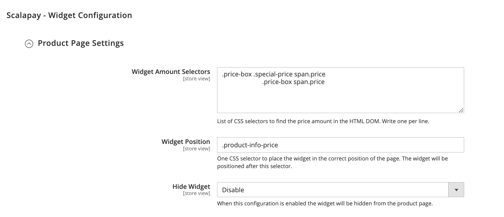 Product page settings