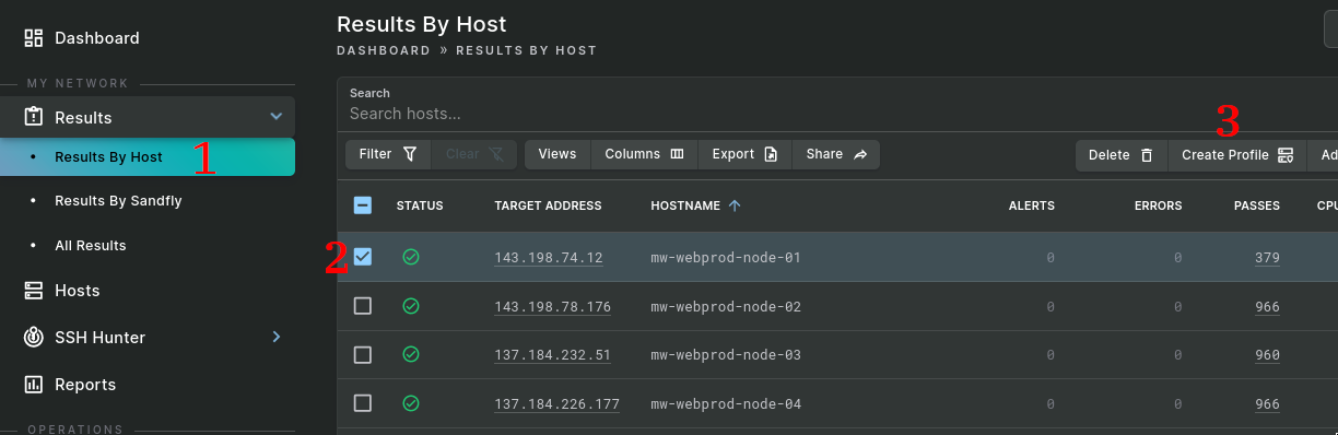Screenshot of Results by Host list showing that our model host has some pass results.