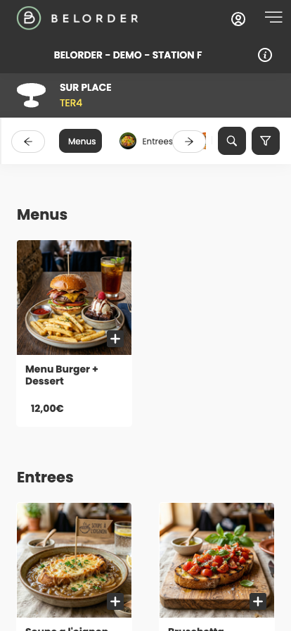 Écran client de la commande à table : bandeau Sur place avec le nom de la table TER4, puis la carte du restaurant