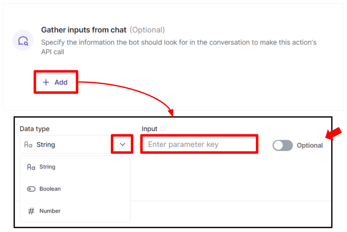 Optional Switch - switching it on makes the input type optional, while turning it off makes the input type required.