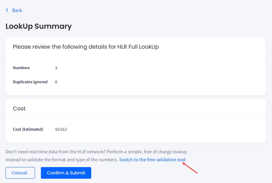 Screenshot of the LookUp Summary page: HLR Full Lookup