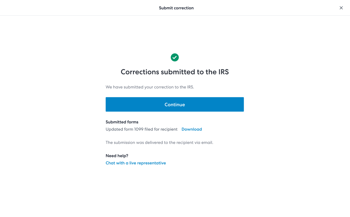 Image showing successful submission of corrections to the IRS