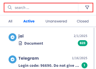 Screenshot of the Search field and the button for filtering conversations with unresad messages