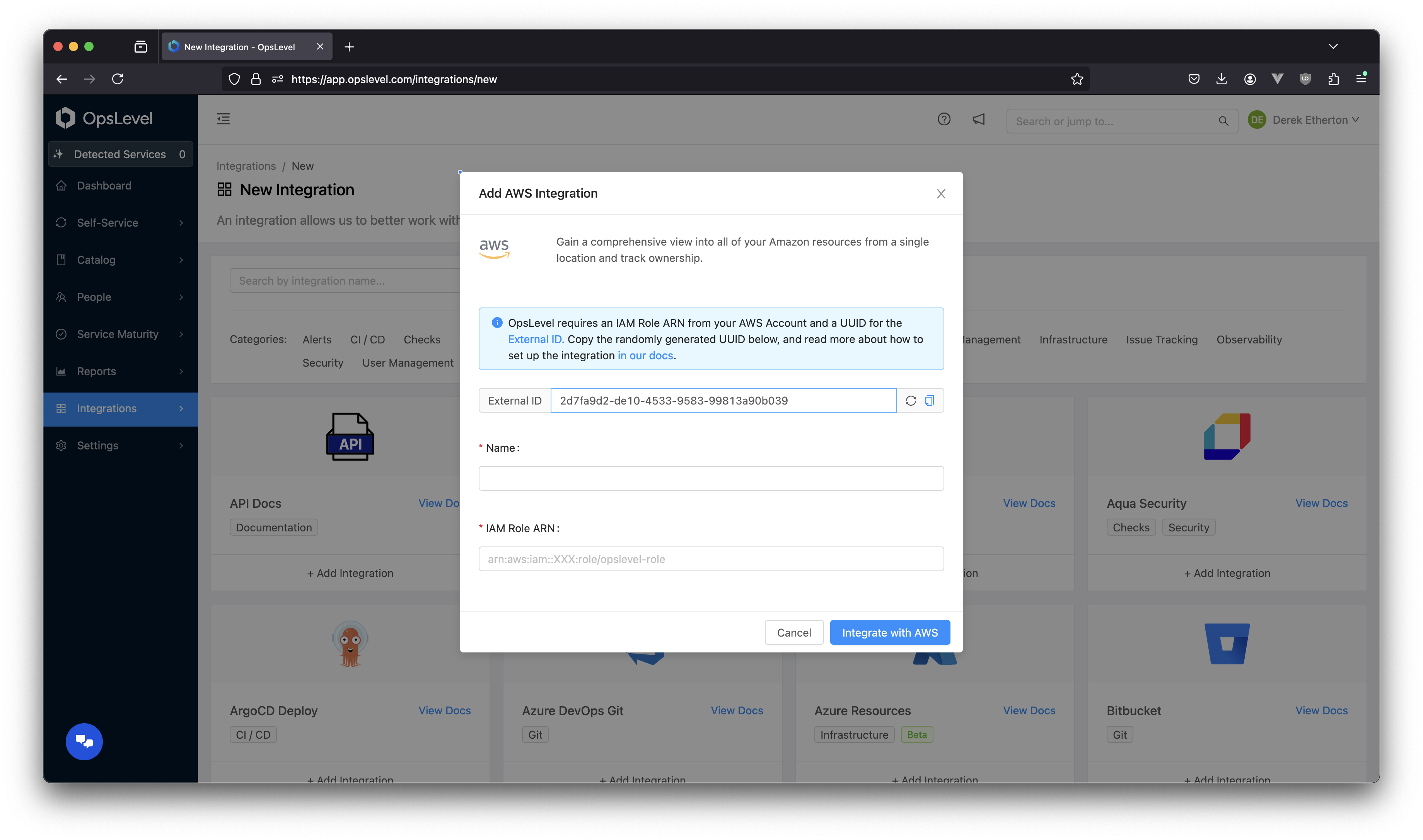 Add AWS Integration modal