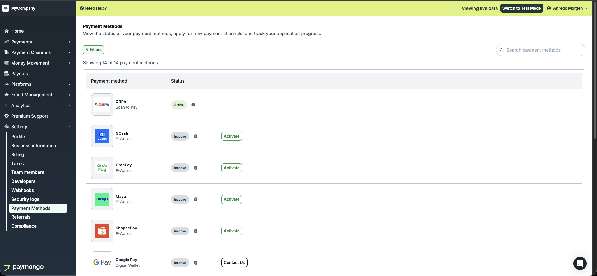 Payment methods page showing available methods and their activation status