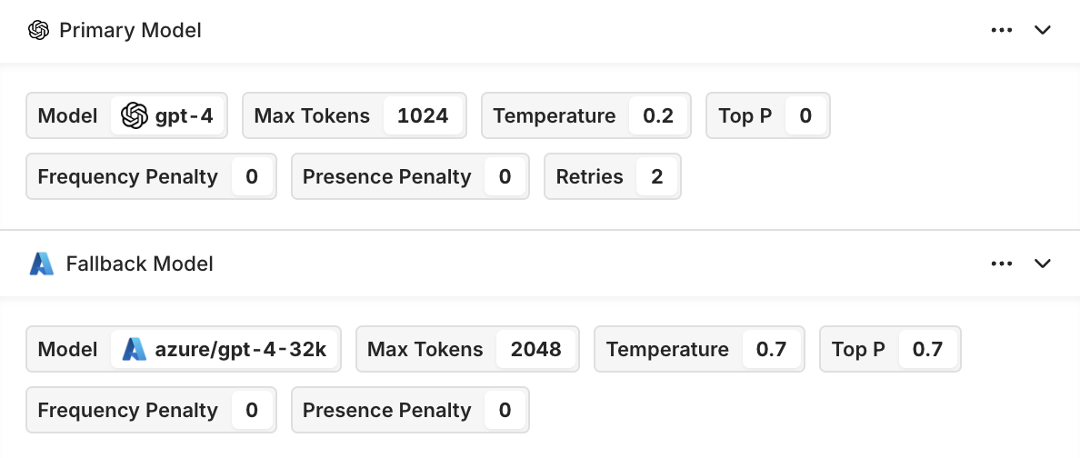 The **Fallback Model** configuration is right below the **Primary Model**, you can choose any model you desire and configure them independently from one another. 