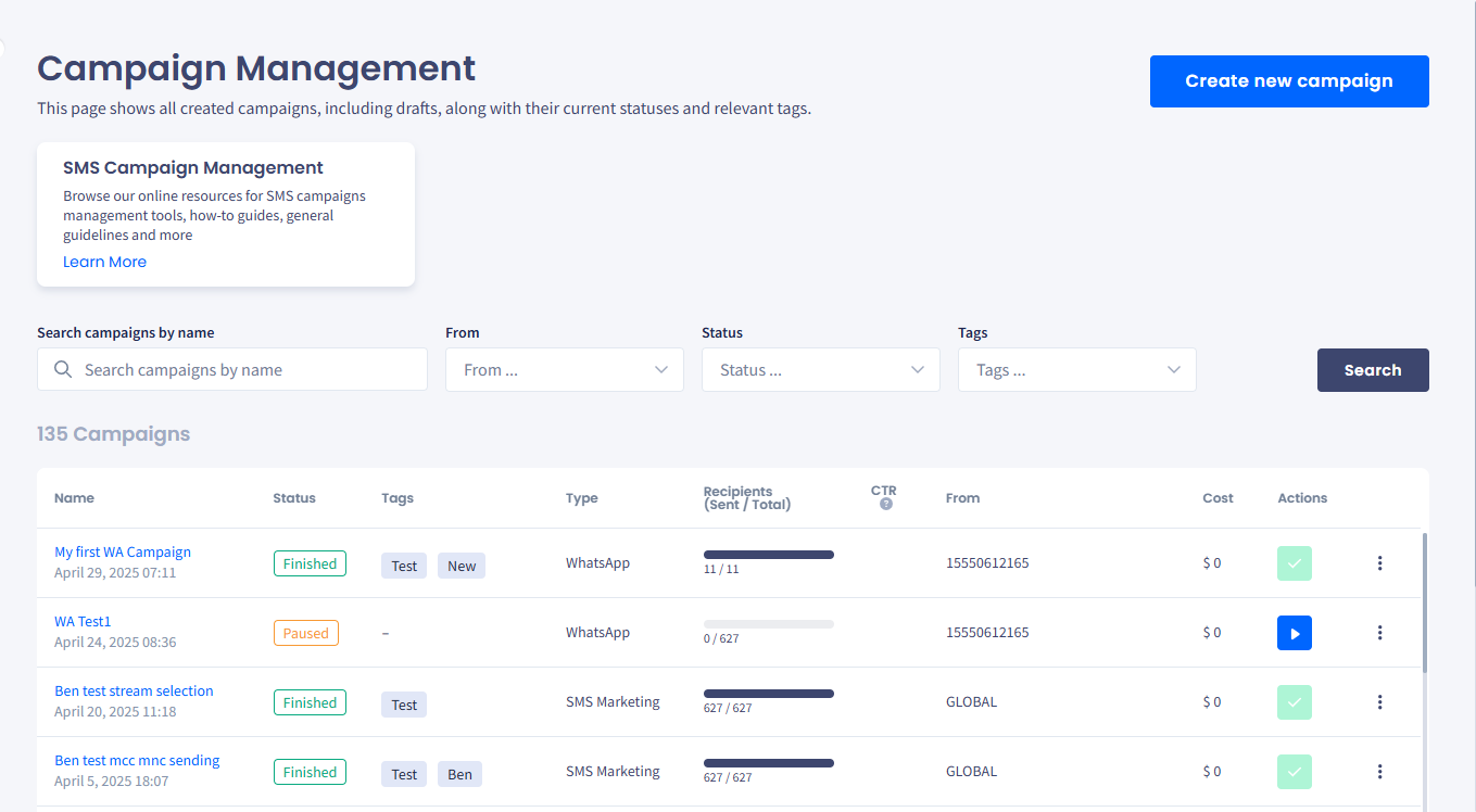 Screenshot of the Campaign Management page