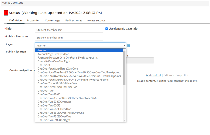 Choosing a layout from the Layout drop-down