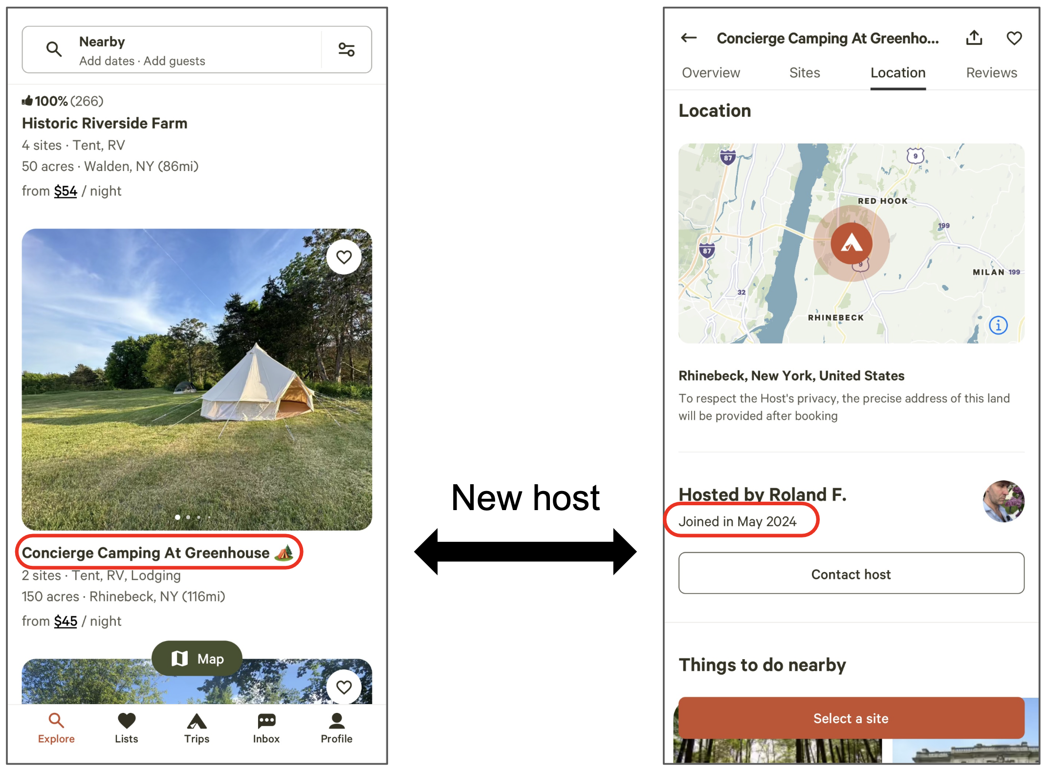 Hipcamp has a challenger slot that promotes listings from hosts who are new to the platform