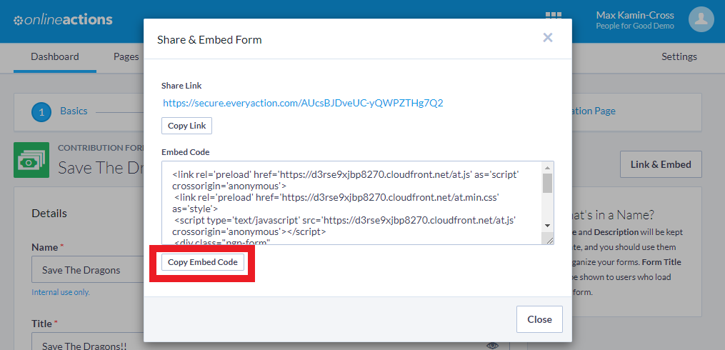 Select "Copy Embed Code" to copy the full ActionTag code block which you can paste directly on your website