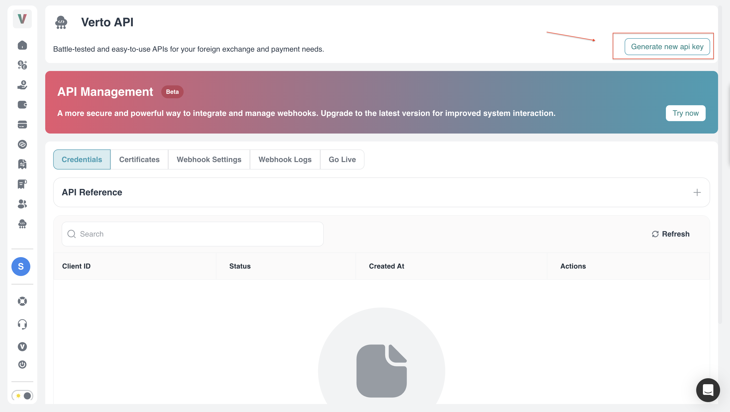 Screenshot: Verto API page