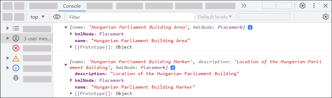 Console log containing KML-related events