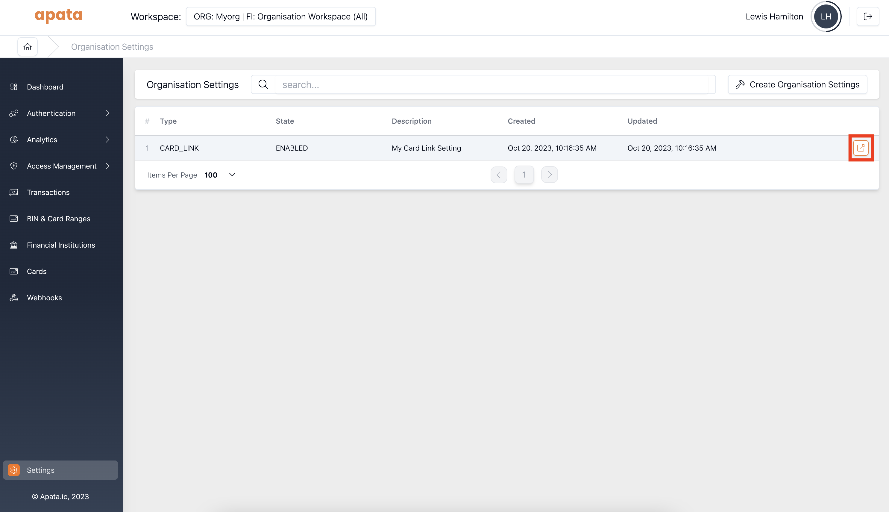 Card range settings list with link to detail view of setting highlighted