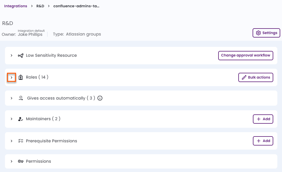 Screenshot of the specific integration's resource management screen and how to expand the Roles section