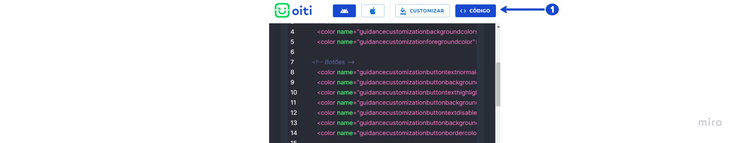 Localização do botão "código" para exportação das customizações.