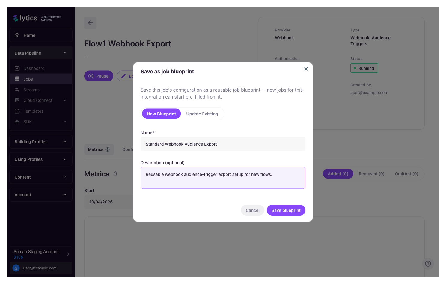 The "Save as job blueprint" dialog with New Blueprint and Update Existing options