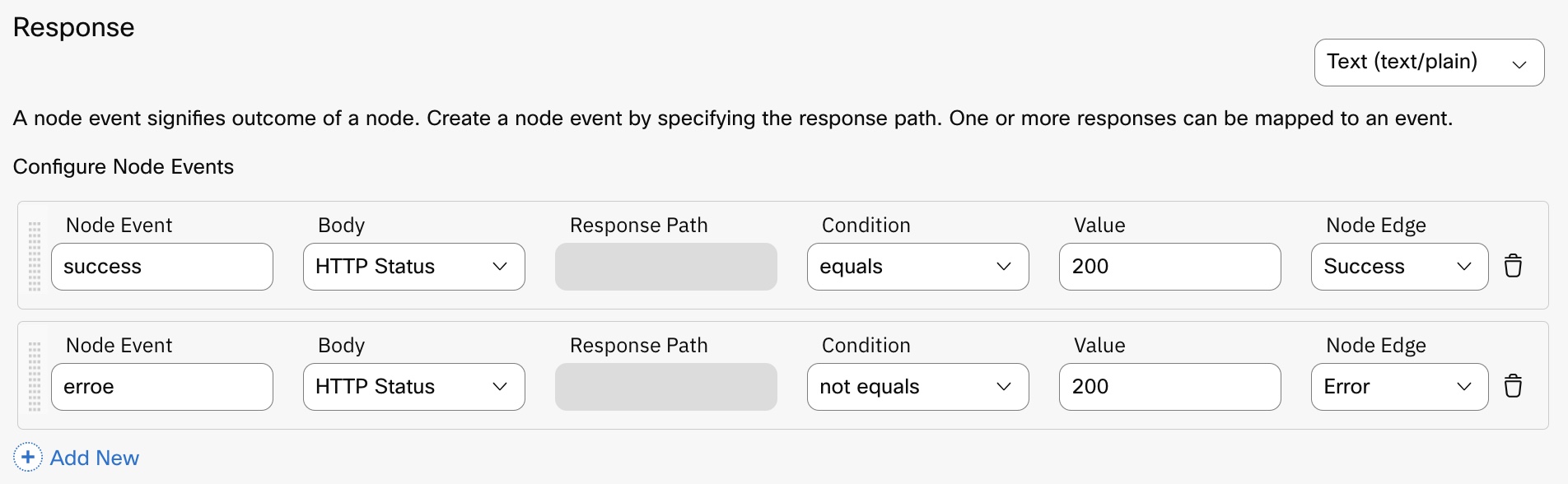 Screenshot of configuring node events under the Response section.