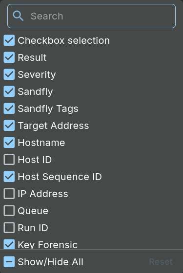 A screenshot of result column selection