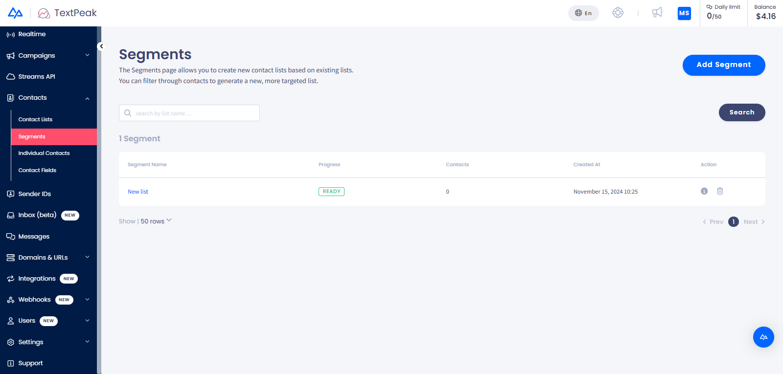 Screenshot of the Segments menu tab