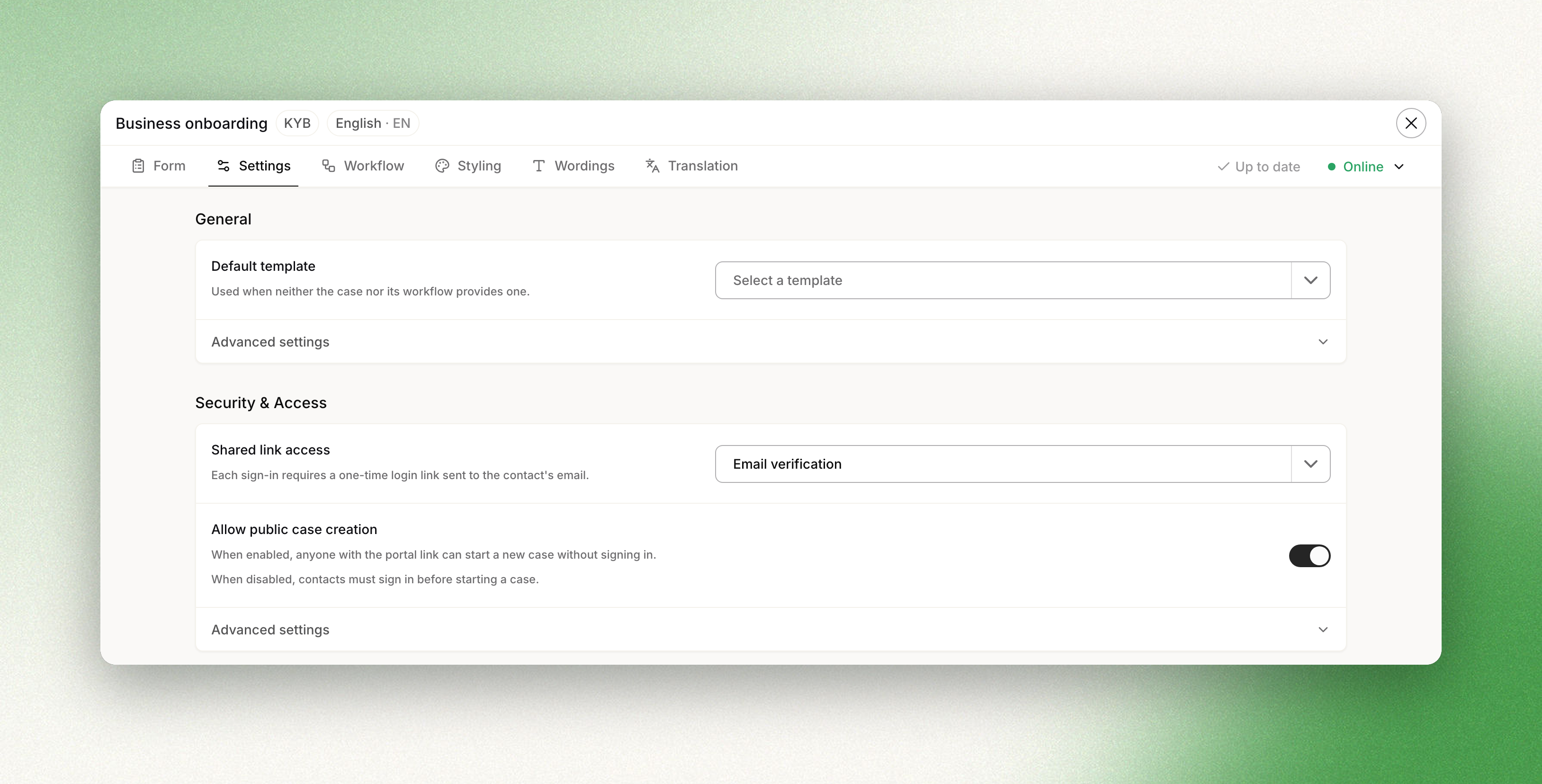 Client Portal settings, Shared link access set to Email verification